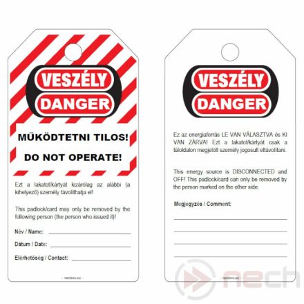 LOTO PVC azonosító kártya kétnyelvű / VESZÉLY! / DANGER! magyar és angol nyelvű feliratokkal