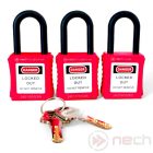 PL38N-R-KA3 Azonos kulcsos, 3 db-os biztonsági LOTO lakat készlet, műanyag kengyellel - piros